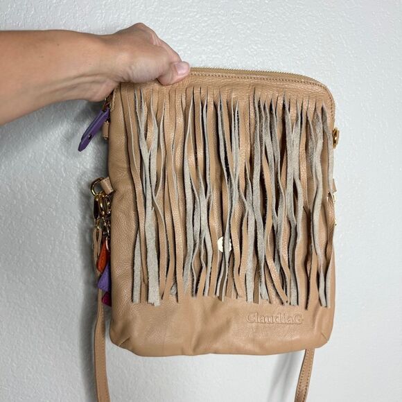 Claudia G camel tan supple genuine leather fringe foldover crossbody bag - Picture 3 of 12